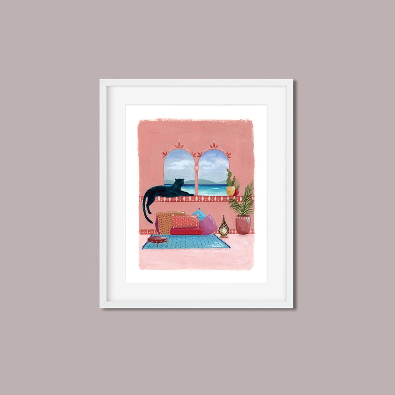 Art print from original gouache painting, chilling panther, cozy Moroccan style, seaside and cushions image 2