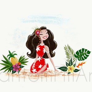 Tiki girl miniaturowy wydruk artystyczny, czerwona i zielona ilustracja, wydruk artystyczny malowany gwaszem, hula girl, vahine, dziewczęcy