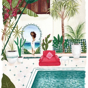 Kunstdruck von original Gouache Malerei, Mädchen in marokkanischen Riad, Pflanzen, Pool, arabischen Stil, Meer, niedlich, bunt