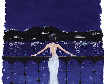 Jazz age inspired fine art print, night river illustration, gouache painting art print, light, flapper