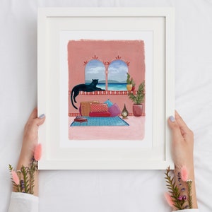 Art print from original gouache painting, chilling panther, cozy Moroccan style, seaside and cushions image 3