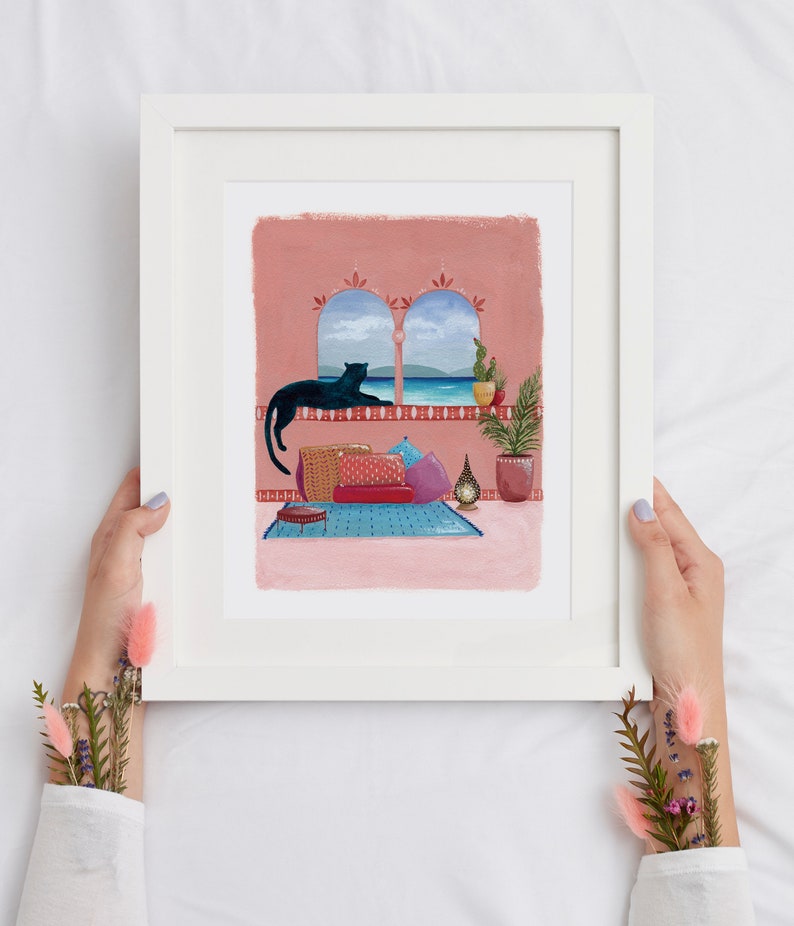 Art print from original gouache painting, chilling panther, cozy Moroccan style, seaside and cushions image 3