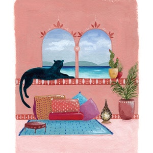 Art print from original gouache painting, chilling panther, cozy Moroccan style, seaside and cushions image 1