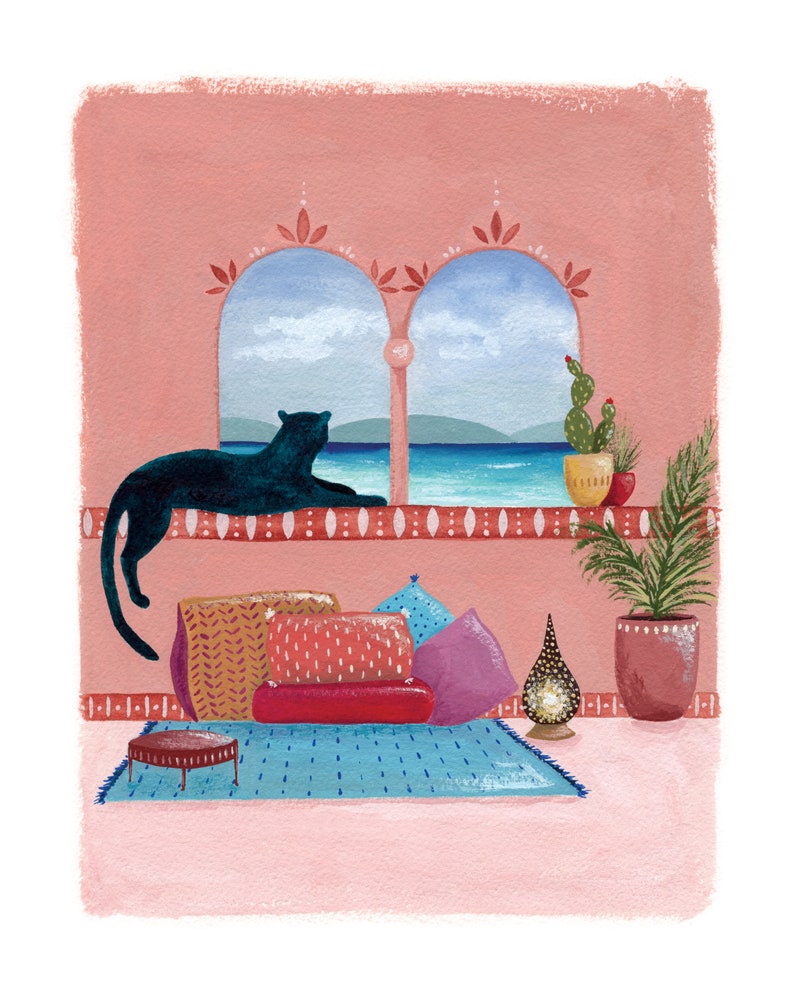 Art print from original gouache painting, chilling panther, cozy Moroccan style, seaside and cushions image 1