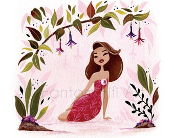 Tiki girl, gouache painting, art print from original, green and pink illustration, cute and girly, Tahiti fuchsia flowers