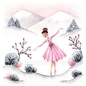 Art print from original gouache and watercolor paintings, cute snow ballerinas, winter scenery, grey, pink, mountains
