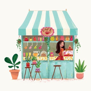 May include: A turquoise and white striped awning with the word "CAFE" in a pink circle above a small turquoise shop with a woman in a red dress serving coffee. The shop has a window with shelves of jars and bottles, and there are potted plants outside.