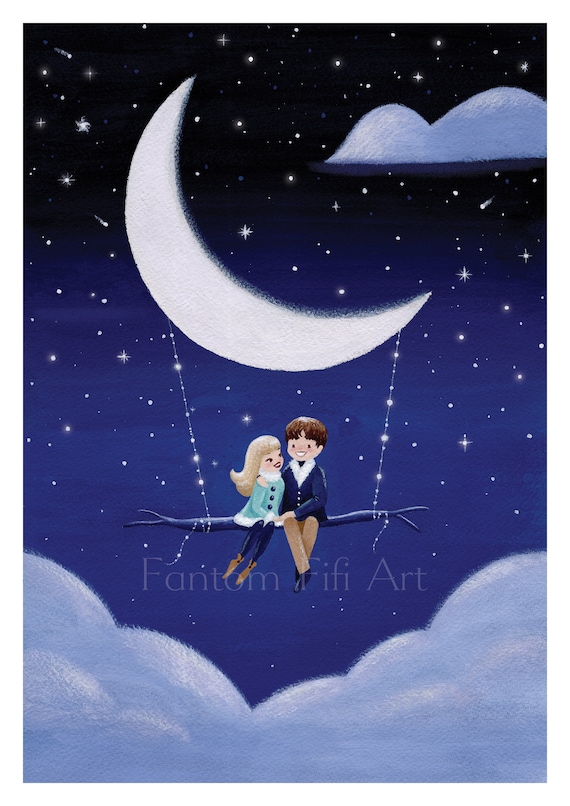 Impresión de arte para niños de la luna de la pintura original de gouache,  azul, noche, columpio, celestial, niño y niña, lindo, mágico