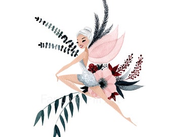 Original gouache and watercolor painting, cute winter fairy, flowers, bouquet, grey, pink, silver, burgundy, fairy
