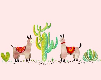 Alpacas fine art prints, watercolor illustration, cactus and alpaca, llamas, cute, pink red and green illustration