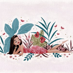 Original gouache painting, tiki girl chilling, cute illustration, tropical plants