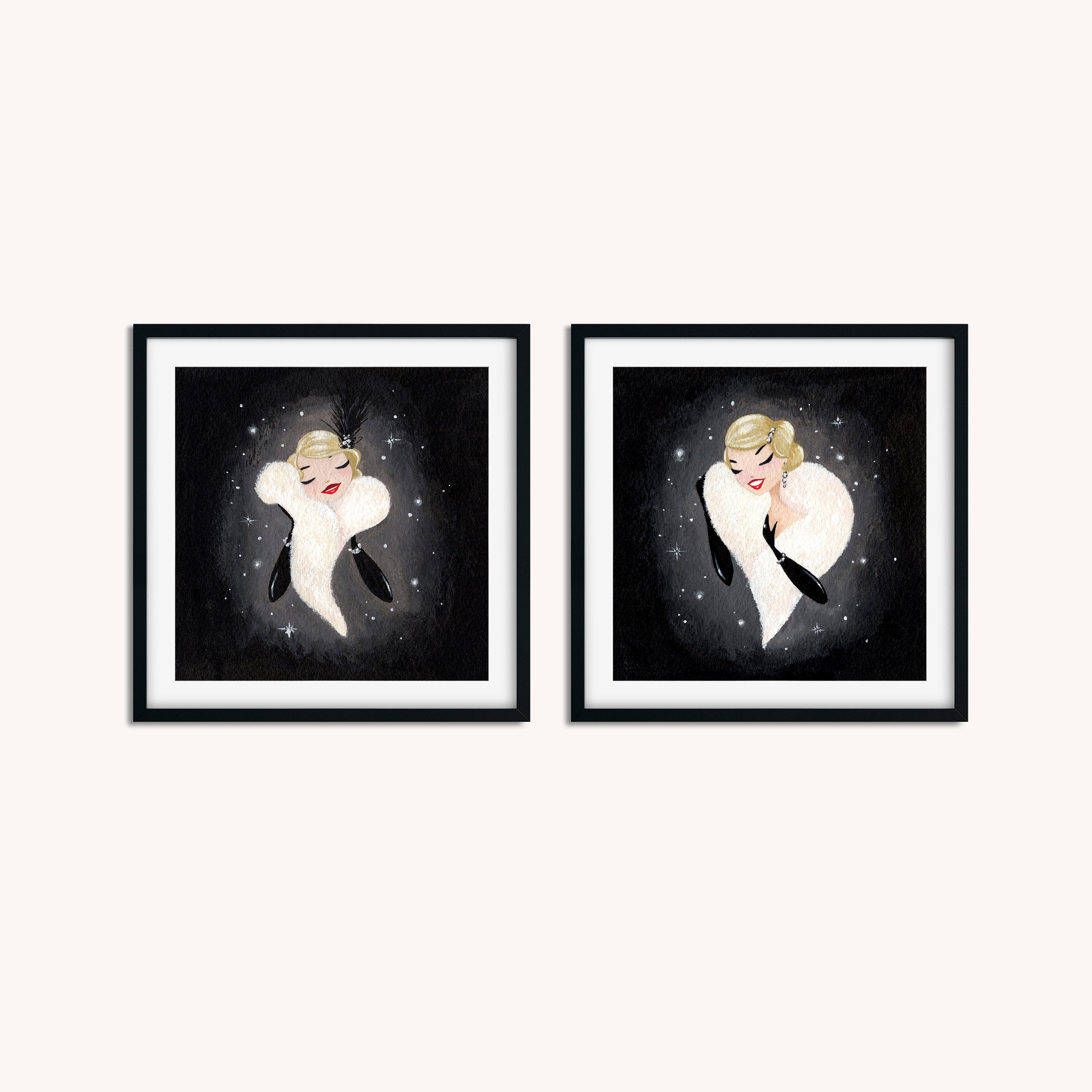 Flappers mini fine art prints, 20's inspired flappers, feathers, white boa, gouache illustration, girly