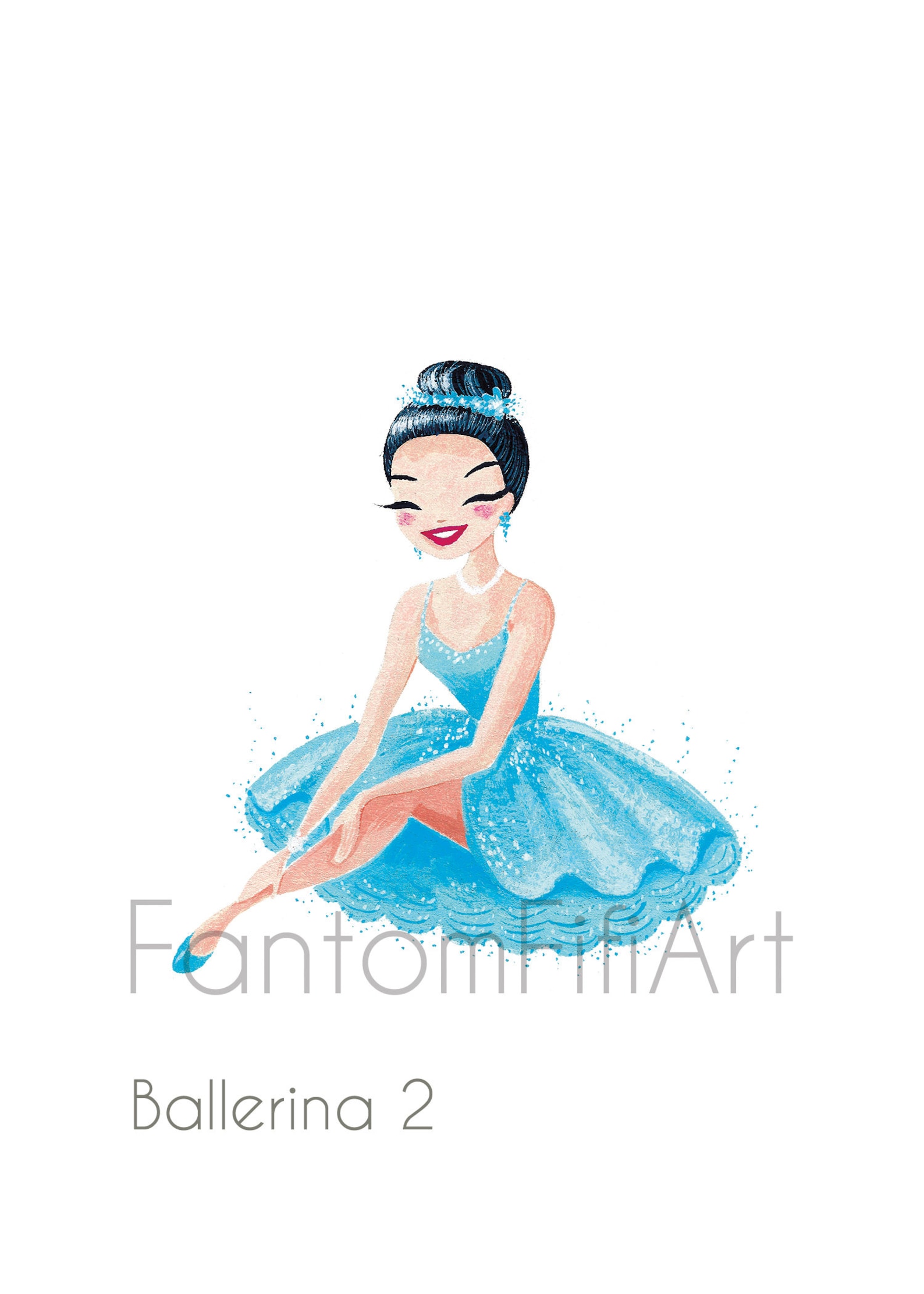 set of blue ballerinas mini fine art prints, cute ballet dancers, blue tutus, gouache painting art prints, girly and sparkly