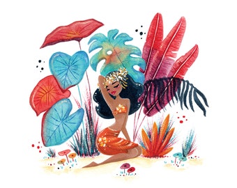 Aquarelle originale et peinture à la gouache, peinture tropicale colorée, jolie fille tiki