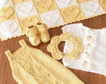 Hand Knit Baby Gift Set, Yellow Heart Baby Blanket Romper and Booties, Newborn Coming Home Outfit, Unisex Baby Shower Gift, Luxury Knitwear