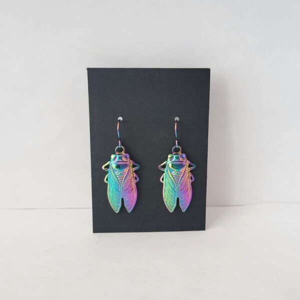 Hypoallergenic Stainless Steel Metallic Rainbow Cicada Dangle Earrings