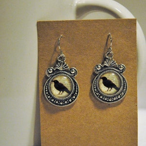 Poe Inspired Raven Glass Domed Ornate Dangle Earrings with Stainless Steel Hook