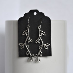 Tree Branch Foliage Silver Dangle Earrings w/ Stainless Steel Ear Hook