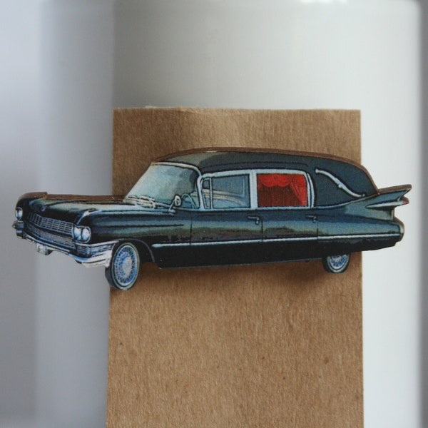 Wooden Vintage Style Hearse Pin Brooch