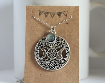Triple Moon Goddess Tree of Life Pentagram Pentacle with Abalone Necklace Assorted Chain Lengths
