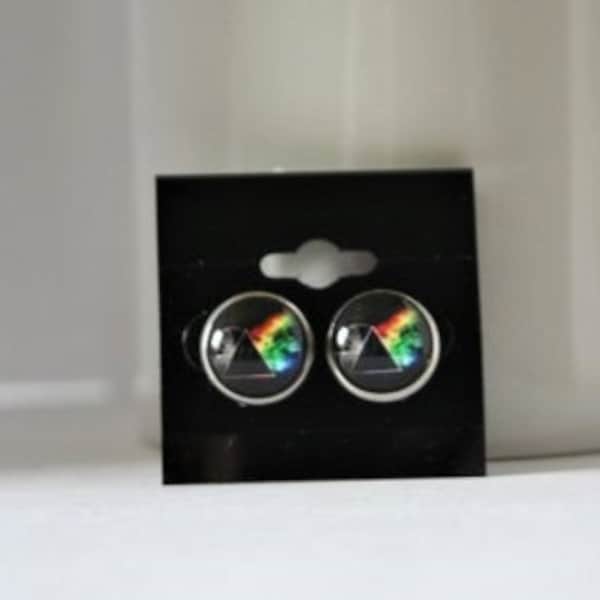 Hypoallergenic Pink Floyd Dark Side of the Moon Prism Stainless Steel Glass Domed Earrings Pierced or Clip On