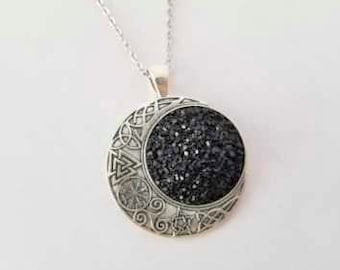 Half Moon Viking Protection Symbol with 1" Black Druzy Necklace You Choose Length