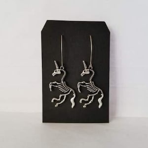 Hypoallergenic 2 3/4&quot; Silver Unicorn Skeleton Dangle Earrings (Stainless Steel Ear Wire)