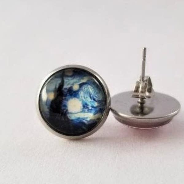 1/2" 12mm Glass Domed Vincent Van Gogh's Starry Starry Night Stainless Steel Stud Earrings