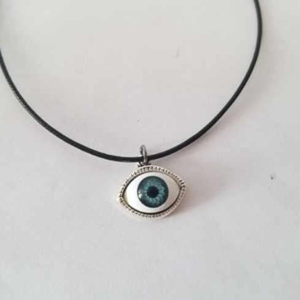 15-17" Adjustable Black Cotton Choker Necklace with Blue Eyeball Charm