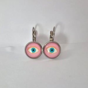 Blue Eye Dangle Earrings: Hypoallergenic Stainless Steel, 12mm Glass Dome