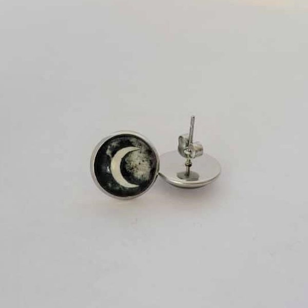 Hypoallergenic Stainless Steel Glass Domed Crescent Moon Stud Earrings