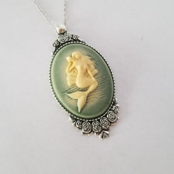 Vintage Style Ivory Color on Green Cameo Mermaid Necklace 40x30 Silver Tone You Choose Length