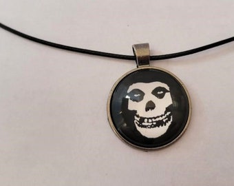 15-17" Black Cotton Chord Choker Necklace with 1" Glass Domed Misfits Pendant Gunmetal Black