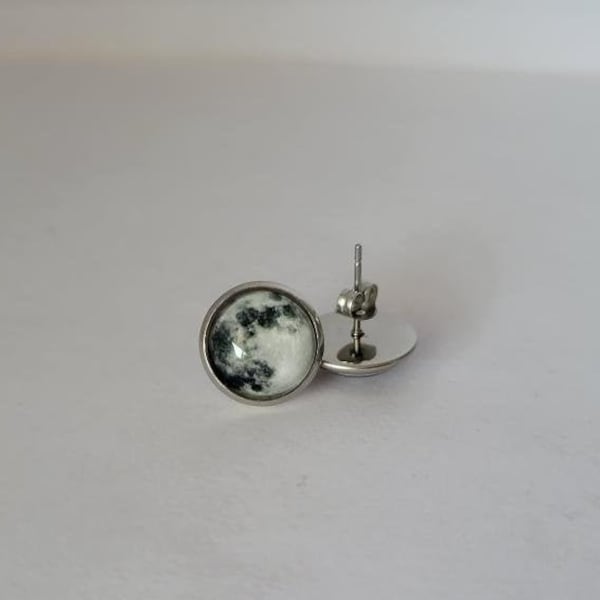 Hypoallergenic Nickel Free 1/2" 12mm or Small 8mm Glass Domed Full Moon Stud Earrings Stainless Steel