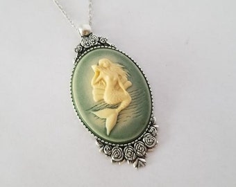 Vintage Style Ivory Color on Green Cameo Mermaid Necklace 40x30 Silver Tone You Choose Length