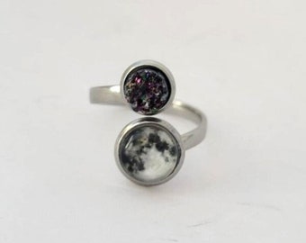 Stainless Steel Glass Domed Full Moon and Druzy Ring Size 6 US