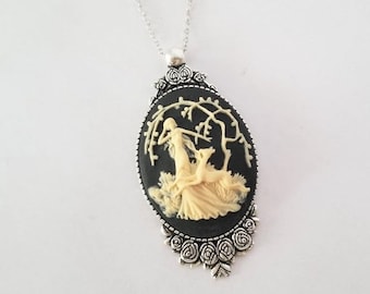 Diana the Huntress 40x30mm Cameo Style Ivory on Black Floral Set Necklace Assorted Chain Lengths