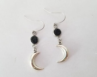 Hypoallergenic Dangle Earrings Crescent Moon and 6mm Black Druzy Stainless Steel Earring Wire
