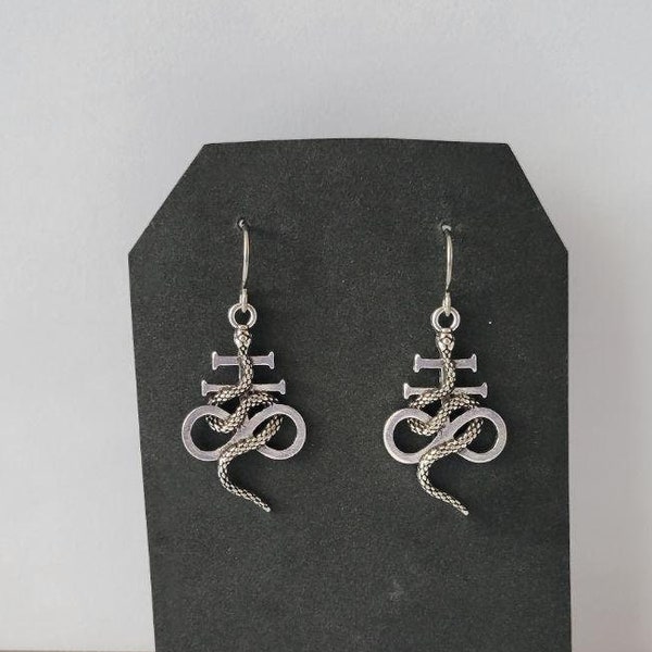 Hypoallergenic Snake and Leviathan Cross Dangle Earrings