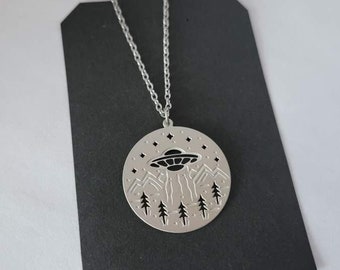Stainless Steel Necklace with Cut out U.F.O Thin Pendant You Choose Chain Length