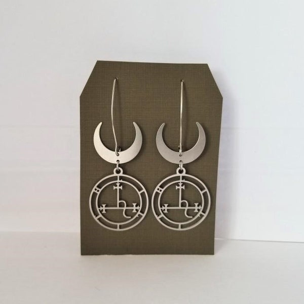 Hypoallergenic Stainless Steel Crescent Moon and Lilith Sigil Dangle Earrings