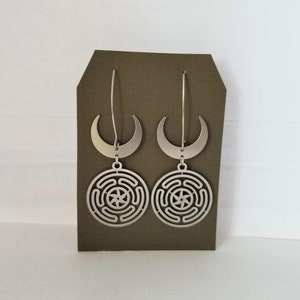 Wheel of Hecate with Crescent Moon Dangle Stainless Steel Earrings