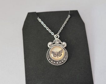 Victorian Style Necklace with Glass Domed Moth You Choose Stainless Steel Chain Length