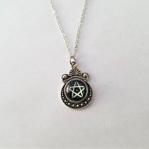 Pentacle Protection Charm Necklace: Glass Domed Pendant, Stainless Steel Chain