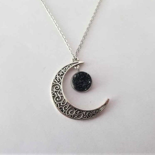 Crescent Half Moon with 1/2" 12mm Black or Blue Druzy Cabochon Pendant Necklace You Choose Length