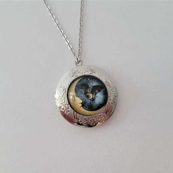 Glass Domed Bat and Moon Locket Pendant Necklace You Choose Chain Length