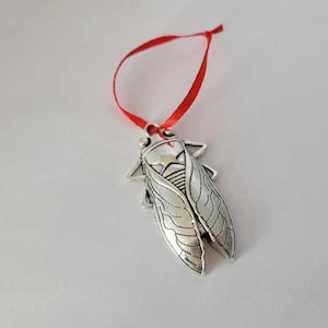 Silver Cicada Ornament with Red Ribbon