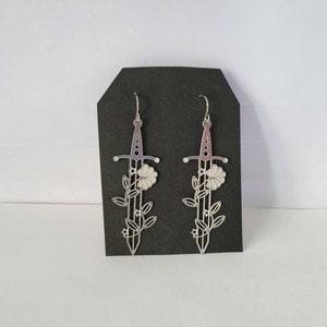 Hypoallergenic Thin Cut Stainless Steel Sword with Flowers DAngle Earrings 2 1/4 Long image 1