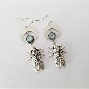 Hypoallergenic Dangle Cicada Earrings with Half Moons and Abalone Cabochon Stainless Steel Earring Hook