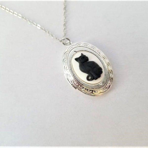 Vintage Style Victorian Gothic Black Cat Cameo Locket Necklace Assorted Chain Lengths